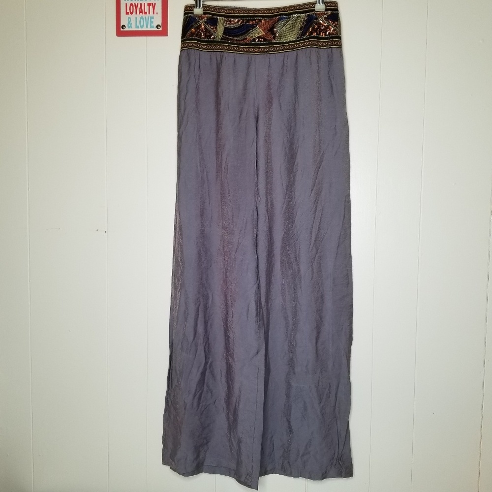 By Deep Los Angeles Vintage Shiny Gray Wide Leg Embroidered Dress Pants Medium